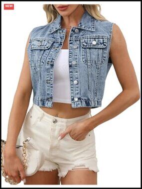 Cropped Denim Vest Sleeveless Y2K Jean Vest with Pockets